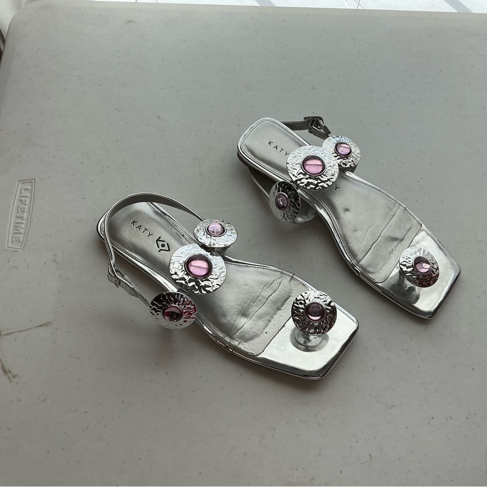 Katy Perry Collections Silver Sandals with Pink Embellishments